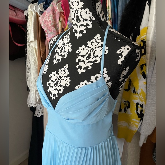 Hello Molly Light Blue Pleated Tiered Halter Mini Dress - Picture 2 of 4